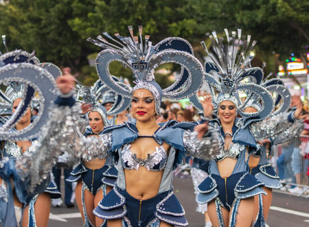 SANTA CRUZ DE TENERIFE, SPAIN - FEBRUARY 13, 2024: The Coso parade, Cavalcada - along the Avenida de Anaga, official end of Carnival. Amazing warm evening, joyful people in carnival costumes have fun.のeditorial素材