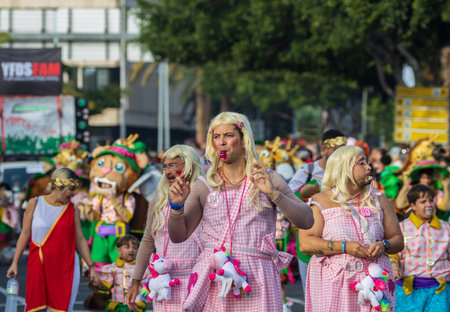 SANTA CRUZ DE TENERIFE, SPAIN - FEBRUARY 13, 2024: The Coso parade, Cavalcada - along the Avenida de Anaga, official end of Carnival. Amazing warm evening, joyful people in carnival costumes have fun.のeditorial素材
