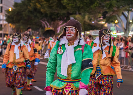SANTA CRUZ DE TENERIFE, SPAIN - FEBRUARY 13, 2024: The Coso parade, Cavalcada - along the Avenida de Anaga, official end of Carnival. Amazing warm evening, joyful people in carnival costumes have fun.のeditorial素材
