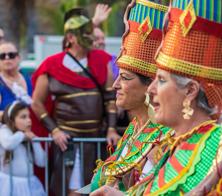 SANTA CRUZ DE TENERIFE, SPAIN - FEBRUARY 13, 2024: The Coso parade, Cavalcada - along the Avenida de Anaga, official end of Carnival. Amazing warm evening, joyful people in carnival costumes have fun.のeditorial素材