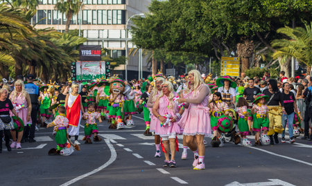 SANTA CRUZ DE TENERIFE, SPAIN - FEBRUARY 13, 2024: The Coso parade, Cavalcada - along the Avenida de Anaga, official end of Carnival. Amazing warm evening, joyful people in carnival costumes have fun.のeditorial素材
