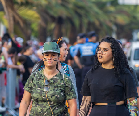 SANTA CRUZ DE TENERIFE, SPAIN - FEBRUARY 13, 2024: The Coso parade, Cavalcada - along the Avenida de Anaga, official end of Carnival. Amazing warm evening, joyful people in carnival costumes have fun.のeditorial素材
