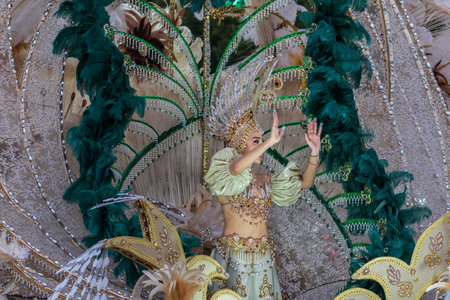 SANTA CRUZ DE TENERIFE, SPAIN - FEBRUARY 13, 2024: The Coso parade, Cavalcada - along the Avenida de Anaga, official end of Carnival. Amazing warm evening, joyful people in carnival costumes have fun.のeditorial素材