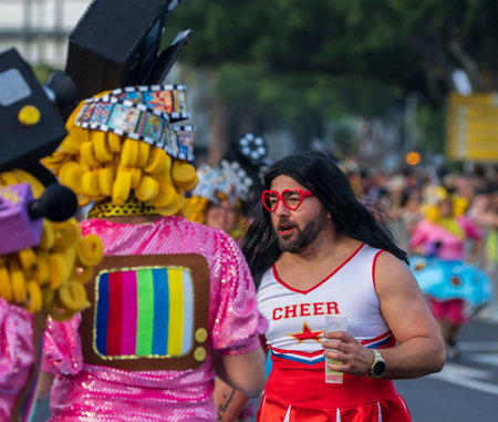 SANTA CRUZ DE TENERIFE, SPAIN - FEBRUARY 13, 2024: The Coso parade, Cavalcada - along the Avenida de Anaga, official end of Carnival. Amazing warm evening, joyful people in carnival costumes have fun.のeditorial素材