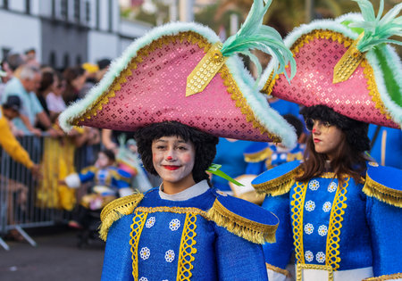 SANTA CRUZ DE TENERIFE, SPAIN - FEBRUARY 13, 2024: The Coso parade, Cavalcada - along the Avenida de Anaga, official end of Carnival. Amazing warm evening, joyful people in carnival costumes have fun.のeditorial素材