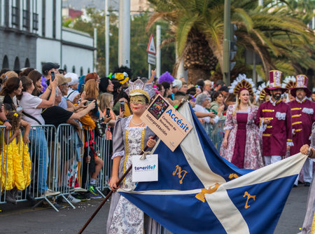 SANTA CRUZ DE TENERIFE, SPAIN - FEBRUARY 13, 2024: The Coso parade, Cavalcada - along the Avenida de Anaga, official end of Carnival. Amazing warm evening, joyful people in carnival costumes have fun.のeditorial素材