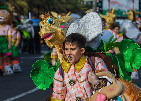 SANTA CRUZ DE TENERIFE, SPAIN - FEBRUARY 13, 2024: The Coso parade, Cavalcada - along the Avenida de Anaga, official end of Carnival. Amazing warm evening, joyful people in carnival costumes have fun.のeditorial素材