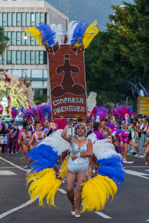 SANTA CRUZ DE TENERIFE, SPAIN - FEBRUARY 13, 2024: The Coso parade, Cavalcada - along the Avenida de Anaga, official end of Carnival. Amazing warm evening, joyful people in carnival costumes have fun.のeditorial素材
