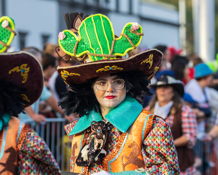 SANTA CRUZ DE TENERIFE, SPAIN - FEBRUARY 13, 2024: The Coso parade, Cavalcada - along the Avenida de Anaga, official end of Carnival. Amazing warm evening, joyful people in carnival costumes have fun.のeditorial素材
