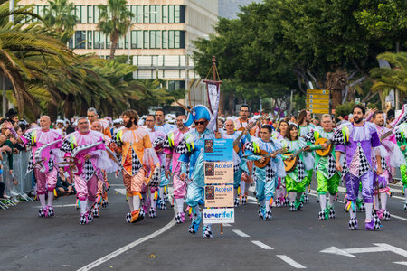 SANTA CRUZ DE TENERIFE, SPAIN - FEBRUARY 13, 2024: The Coso parade, Cavalcada - along the Avenida de Anaga, official end of Carnival. Amazing warm evening, joyful people in carnival costumes have fun.のeditorial素材