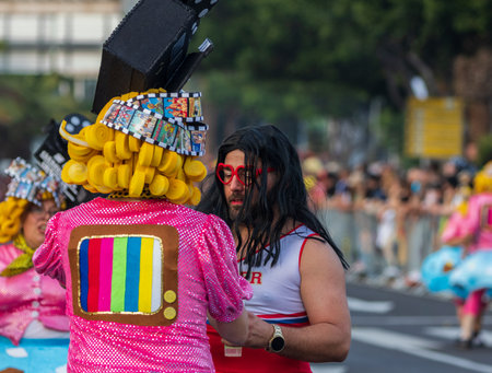 SANTA CRUZ DE TENERIFE, SPAIN - FEBRUARY 13, 2024: The Coso parade, Cavalcada - along the Avenida de Anaga, official end of Carnival. Amazing warm evening, joyful people in carnival costumes have fun.のeditorial素材
