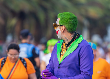 SANTA CRUZ DE TENERIFE, SPAIN - FEBRUARY 13, 2024: The Coso parade, Cavalcada - along the Avenida de Anaga, official end of Carnival. Amazing warm evening, joyful people in carnival costumes have fun.のeditorial素材