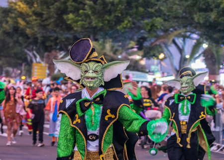 SANTA CRUZ DE TENERIFE, SPAIN - FEBRUARY 13, 2024: The Coso parade, Cavalcada - along the Avenida de Anaga, official end of Carnival. Amazing warm evening, joyful people in carnival costumes have fun.のeditorial素材