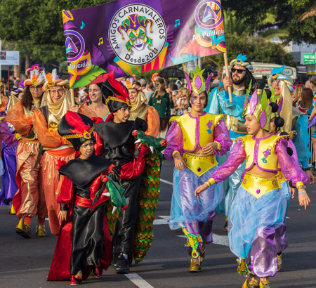 SANTA CRUZ DE TENERIFE, SPAIN - FEBRUARY 13, 2024: The Coso parade, Cavalcada - along the Avenida de Anaga, official end of Carnival. Amazing warm evening, joyful people in carnival costumes have fun.のeditorial素材