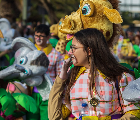 SANTA CRUZ DE TENERIFE, SPAIN - FEBRUARY 13, 2024: The Coso parade, Cavalcada - along the Avenida de Anaga, official end of Carnival. Amazing warm evening, joyful people in carnival costumes have fun.のeditorial素材