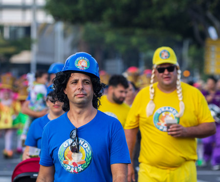 SANTA CRUZ DE TENERIFE, SPAIN - FEBRUARY 13, 2024: The Coso parade, Cavalcada - along the Avenida de Anaga, official end of Carnival. Amazing warm evening, joyful people in carnival costumes have fun.のeditorial素材