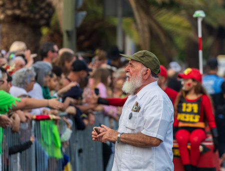 SANTA CRUZ DE TENERIFE, SPAIN - FEBRUARY 13, 2024: The Coso parade, Cavalcada - along the Avenida de Anaga, official end of Carnival. Amazing warm evening, joyful people in carnival costumes have fun.のeditorial素材