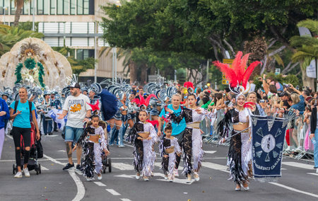 SANTA CRUZ DE TENERIFE, SPAIN - FEBRUARY 13, 2024: The Coso parade, Cavalcada - along the Avenida de Anaga, official end of Carnival. Amazing warm evening, joyful people in carnival costumes have fun.のeditorial素材