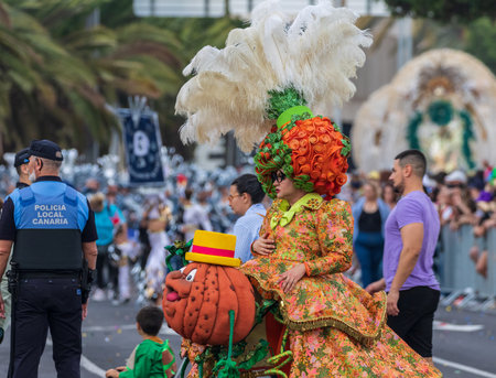 SANTA CRUZ DE TENERIFE, SPAIN - FEBRUARY 13, 2024: The Coso parade, Cavalcada - along the Avenida de Anaga, official end of Carnival. Amazing warm evening, joyful people in carnival costumes have fun.のeditorial素材