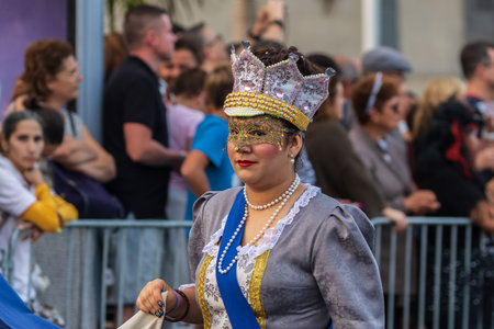 SANTA CRUZ DE TENERIFE, SPAIN - FEBRUARY 13, 2024: The Coso parade, Cavalcada - along the Avenida de Anaga, official end of Carnival. Amazing warm evening, joyful people in carnival costumes have fun.のeditorial素材
