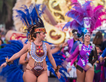 SANTA CRUZ DE TENERIFE, SPAIN - FEBRUARY 13, 2024: The Coso parade, Cavalcada - along the Avenida de Anaga, official end of Carnival. Amazing warm evening, joyful people in carnival costumes have fun.のeditorial素材
