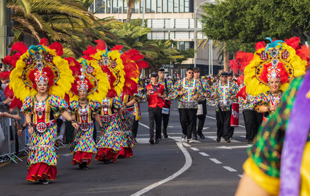 SANTA CRUZ DE TENERIFE, SPAIN - FEBRUARY 13, 2024: The Coso parade, Cavalcada - along the Avenida de Anaga, official end of Carnival. Amazing warm evening, joyful people in carnival costumes have fun.のeditorial素材