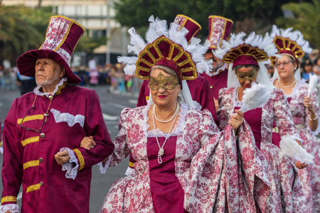 SANTA CRUZ DE TENERIFE, SPAIN - FEBRUARY 13, 2024: The Coso parade, Cavalcada - along the Avenida de Anaga, official end of Carnival. Amazing warm evening, joyful people in carnival costumes have fun.のeditorial素材
