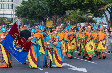 SANTA CRUZ DE TENERIFE, SPAIN - FEBRUARY 13, 2024: The Coso parade, Cavalcada - along the Avenida de Anaga, official end of Carnival. Amazing warm evening, joyful people in carnival costumes have fun.のeditorial素材