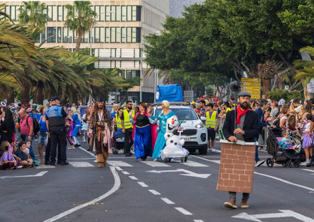SANTA CRUZ DE TENERIFE, SPAIN - FEBRUARY 13, 2024: The Coso parade, Cavalcada - along the Avenida de Anaga, official end of Carnival. Amazing warm evening, joyful people in carnival costumes have fun.のeditorial素材