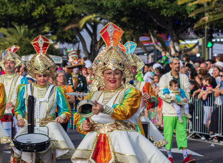 SANTA CRUZ DE TENERIFE, SPAIN - FEBRUARY 13, 2024: The Coso parade, Cavalcada - along the Avenida de Anaga, official end of Carnival. Amazing warm evening, joyful people in carnival costumes have fun.のeditorial素材