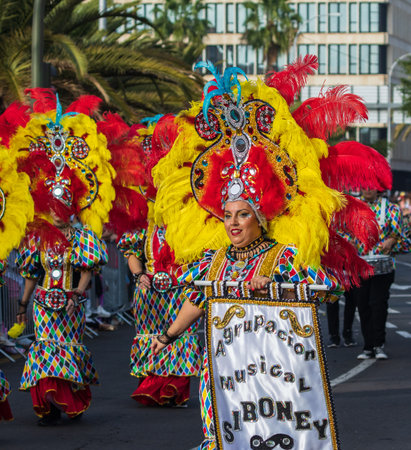 SANTA CRUZ DE TENERIFE, SPAIN - FEBRUARY 13, 2024: The Coso parade, Cavalcada - along the Avenida de Anaga, official end of Carnival. Amazing warm evening, joyful people in carnival costumes have fun.のeditorial素材