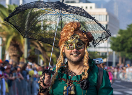 SANTA CRUZ DE TENERIFE, SPAIN - FEBRUARY 13, 2024: The Coso parade, Cavalcada - along the Avenida de Anaga, official end of Carnival. Amazing warm evening, joyful people in carnival costumes have fun.のeditorial素材