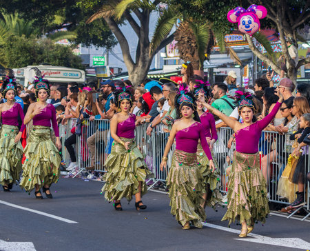 SANTA CRUZ DE TENERIFE, SPAIN - FEBRUARY 13, 2024: The Coso parade, Cavalcada - along the Avenida de Anaga, official end of Carnival. Amazing warm evening, joyful people in carnival costumes have fun.のeditorial素材