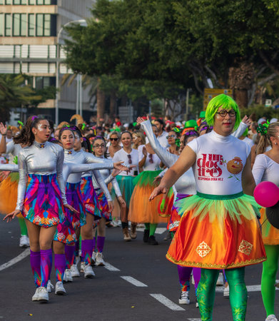 SANTA CRUZ DE TENERIFE, SPAIN - FEBRUARY 13, 2024: The Coso parade, Cavalcada - along the Avenida de Anaga, official end of Carnival. Amazing warm evening, joyful people in carnival costumes have fun.のeditorial素材