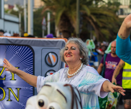 SANTA CRUZ DE TENERIFE, SPAIN - FEBRUARY 13, 2024: The Coso parade, Cavalcada - along the Avenida de Anaga, official end of Carnival. Amazing warm evening, joyful people in carnival costumes have fun.のeditorial素材