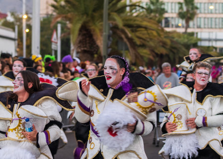 SANTA CRUZ DE TENERIFE, SPAIN - FEBRUARY 13, 2024: The Coso parade, Cavalcada - along the Avenida de Anaga, official end of Carnival. Amazing warm evening, joyful people in carnival costumes have fun.のeditorial素材