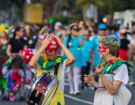 SANTA CRUZ DE TENERIFE, SPAIN - FEBRUARY 13, 2024: The Coso parade, Cavalcada - along the Avenida de Anaga, official end of Carnival. Amazing warm evening, joyful people in carnival costumes have fun.のeditorial素材
