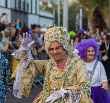 SANTA CRUZ DE TENERIFE, SPAIN - FEBRUARY 13, 2024: The Coso parade, Cavalcada - along the Avenida de Anaga, official end of Carnival. Amazing warm evening, joyful people in carnival costumes have fun.のeditorial素材