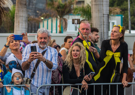 SANTA CRUZ DE TENERIFE, SPAIN - FEBRUARY 13, 2024: The Coso parade, Cavalcada - along the Avenida de Anaga, official end of Carnival. Amazing warm evening, joyful people in carnival costumes have fun.のeditorial素材