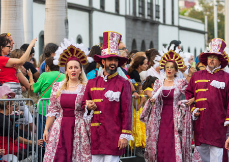 SANTA CRUZ DE TENERIFE, SPAIN - FEBRUARY 13, 2024: The Coso parade, Cavalcada - along the Avenida de Anaga, official end of Carnival. Amazing warm evening, joyful people in carnival costumes have fun.のeditorial素材