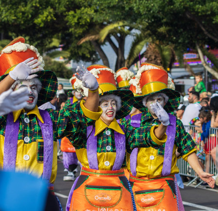 SANTA CRUZ DE TENERIFE, SPAIN - FEBRUARY 13, 2024: The Coso parade, Cavalcada - along the Avenida de Anaga, official end of Carnival. Amazing warm evening, joyful people in carnival costumes have fun.のeditorial素材