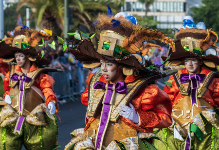 SANTA CRUZ DE TENERIFE, SPAIN - FEBRUARY 13, 2024: The Coso parade, Cavalcada - along the Avenida de Anaga, official end of Carnival. Amazing warm evening, joyful people in carnival costumes have fun.のeditorial素材