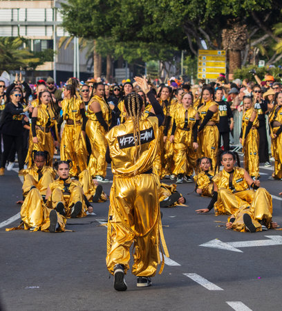 SANTA CRUZ DE TENERIFE, SPAIN - FEBRUARY 13, 2024: The Coso parade, Cavalcada - along the Avenida de Anaga, official end of Carnival. Amazing warm evening, joyful people in carnival costumes have fun.のeditorial素材
