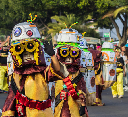 SANTA CRUZ DE TENERIFE, SPAIN - FEBRUARY 13, 2024: The Coso parade, Cavalcada - along the Avenida de Anaga, official end of Carnival. Amazing warm evening, joyful people in carnival costumes have fun.のeditorial素材