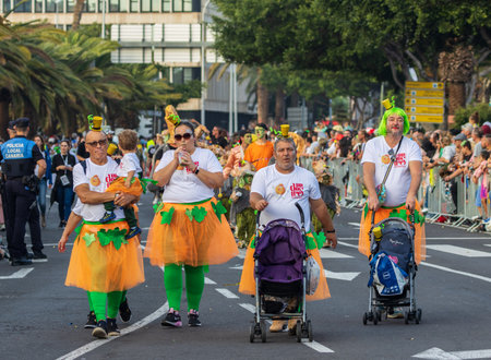 SANTA CRUZ DE TENERIFE, SPAIN - FEBRUARY 13, 2024: The Coso parade, Cavalcada - along the Avenida de Anaga, official end of Carnival. Amazing warm evening, joyful people in carnival costumes have fun.のeditorial素材
