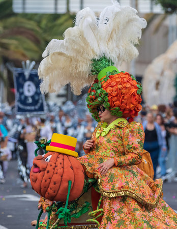 SANTA CRUZ DE TENERIFE, SPAIN - FEBRUARY 13, 2024: The Coso parade, Cavalcada - along the Avenida de Anaga, official end of Carnival. Amazing warm evening, joyful people in carnival costumes have fun.のeditorial素材