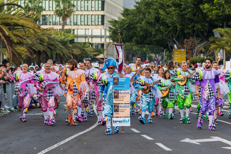 SANTA CRUZ DE TENERIFE, SPAIN - FEBRUARY 13, 2024: The Coso parade, Cavalcada - along the Avenida de Anaga, official end of Carnival. Amazing warm evening, joyful people in carnival costumes have fun.のeditorial素材