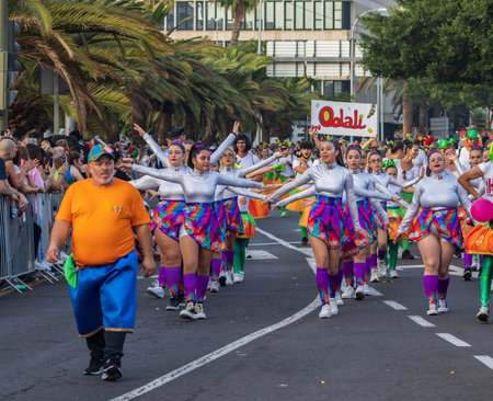 SANTA CRUZ DE TENERIFE, SPAIN - FEBRUARY 13, 2024: The Coso parade, Cavalcada - along the Avenida de Anaga, official end of Carnival. Amazing warm evening, joyful people in carnival costumes have fun.のeditorial素材