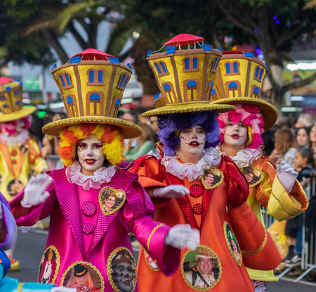 SANTA CRUZ DE TENERIFE, SPAIN - FEBRUARY 13, 2024: The Coso parade, Cavalcada - along the Avenida de Anaga, official end of Carnival. Amazing warm evening, joyful people in carnival costumes have fun.のeditorial素材