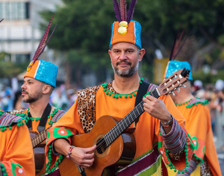 SANTA CRUZ DE TENERIFE, SPAIN - FEBRUARY 13, 2024: The Coso parade, Cavalcada - along the Avenida de Anaga, official end of Carnival. Amazing warm evening, joyful people in carnival costumes have fun.のeditorial素材